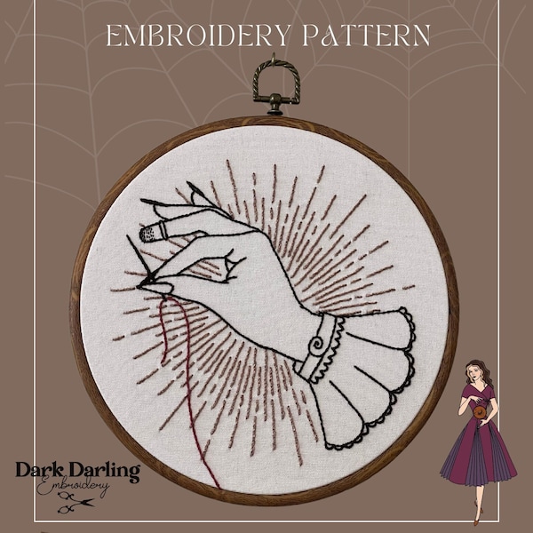 Victorian Sewing Hand Embroidery Pattern - gothic tattoo style needle and thread digital download