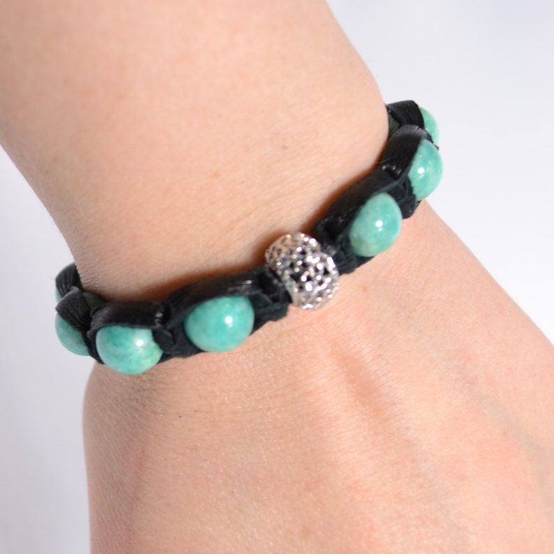 Amazonite Leather bracelet Shamballa Women/'s bracelet Minty bracelet Healing amulet Talisman Energy bracelet Natural stones Gift for women