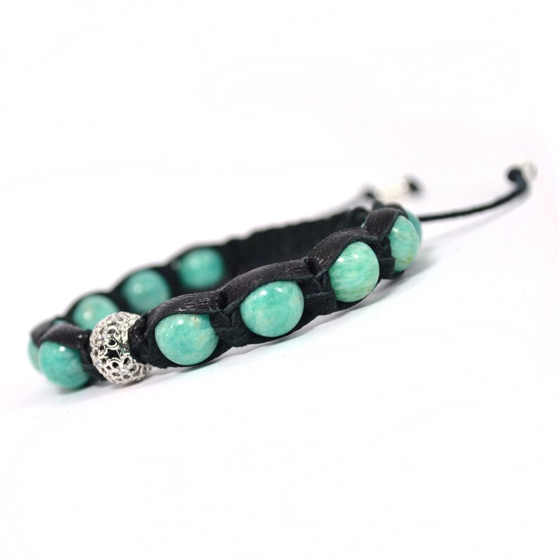 Amazonite Leather bracelet Shamballa Women/'s bracelet Minty bracelet Healing amulet Talisman Energy bracelet Natural stones Gift for women
