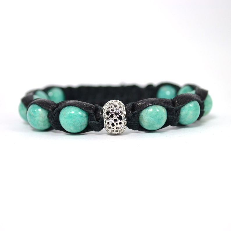 Amazonite Leather bracelet Shamballa Women/'s bracelet Minty bracelet Healing amulet Talisman Energy bracelet Natural stones Gift for women