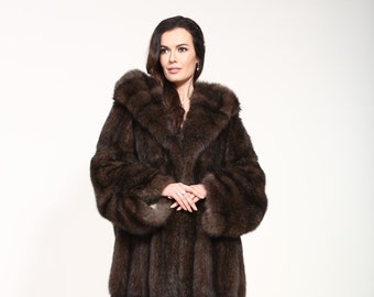 Long Russian sable fur coat with a hood