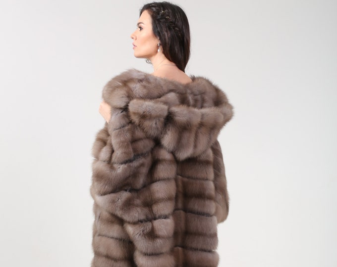 140 Long fur coat with a hood, marten fur