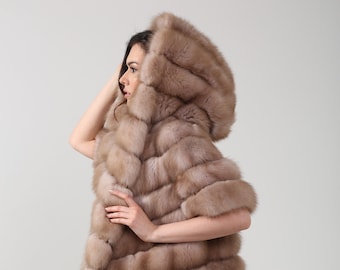 Luxurious Natural Marten Fur Vest with Hood