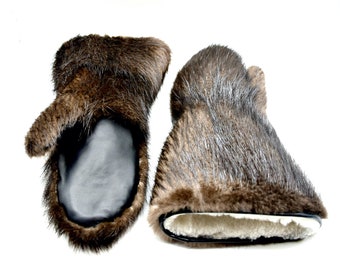 Manoplas largas de invierno para hombre de piel de castor.