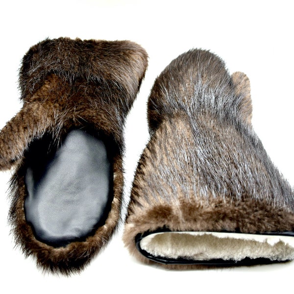 Manoplas largas de invierno para hombre de piel de castor.