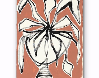 Puede incluir: Pintura abstracta de una flor estilizada en un jarrón. La flor es de color blanco y negro sobre un fondo rojo.