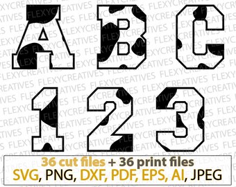 Cow alphabet & numbers svg, Cow skin Letters svg, Vector, numbers, digit, font, Clipart, Cut File Cricut SVG, png, DXF, pdf, EPS #vc-240