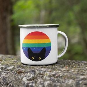 Peeking Cat in Rainbow Enamel Mug | Stainless Steel Campfire Cup | Camping Mug | Rainbow Tin Cup | Black Cat Coffee Cup