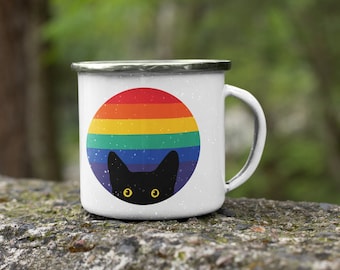 Gluren kat in regenboog emaille mok | RVS Kampvuurbeker | Kampeermok | Regenboog blikken beker | Zwarte kat koffiekopje