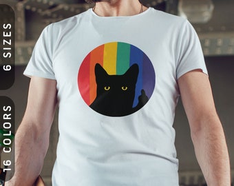 Kat van de middelvinger in regenboog T-shirt | Kat moeder Tee | Shirt voor kattenvader | Regenboogshirt | Trots kat shirt grappig | Zwarte kat shirt heren