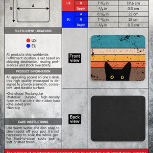May include: A black cat mousepad with a retro-style design. The mousepad is rectangular and has a striped background with a black cat in the center. The mousepad is available in two sizes: US and EU. The dimensions of each size are listed in inches and centimeters.