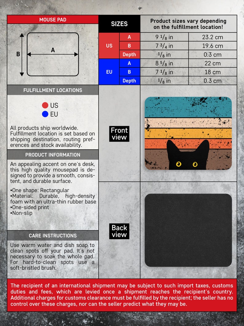 May include: A black cat mousepad with a retro-style design. The mousepad is rectangular and has a striped background with a black cat in the center. The mousepad is available in two sizes: US and EU. The dimensions of each size are listed in inches and centimeters.