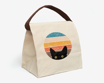 Peeking Cat in Retro Lunch Bag | Canvas Lunch Bag With Strap | Vintage Lunch Bag For Men & Women | Funny Black Cat Lunch Box