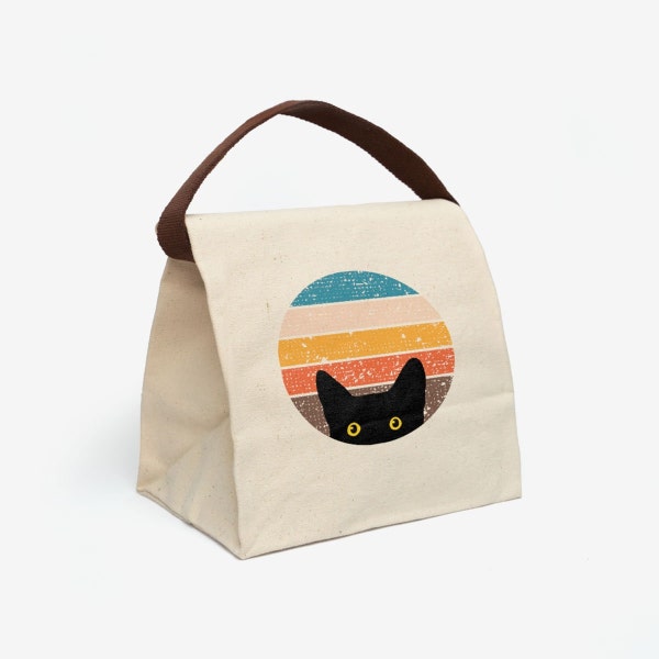 Chat furtif dans un sac à lunch rétro | Sac à lunch en toile avec bandoulière | déjeuner vintage pour homme et femme | Boîte à lunch drôle de chat noir