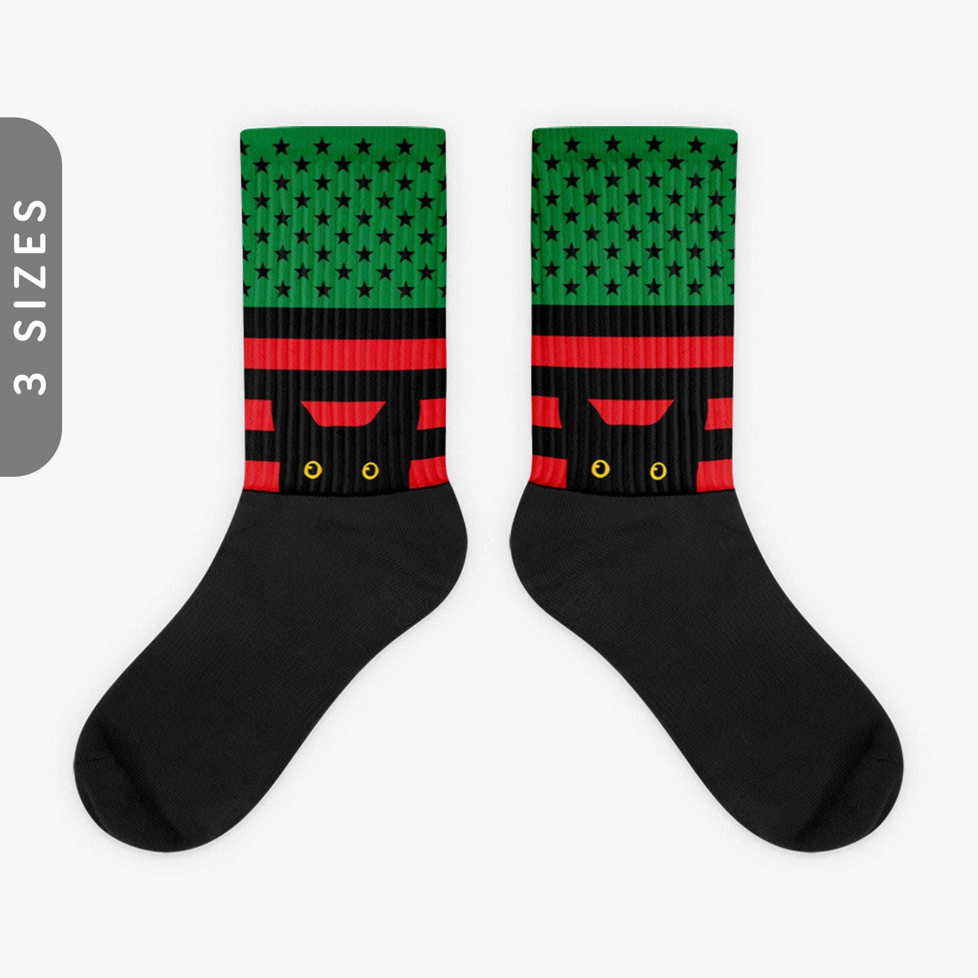 Peeking Cat in African American Flag Colors Black Foot Sublimated Socks Pan American Gift