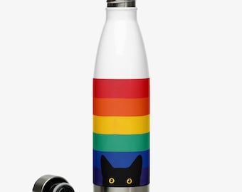 Peeking Cat in Rainbow Water Bottle | Insulated Stainless Steel Water Bottle | LGBTQ Pride Water Bottle | Funny Black Cat Water Bottle