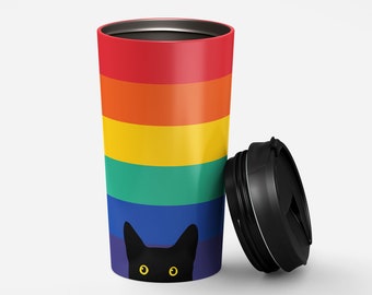 Peeking Cat in Rainbow Travel Mug | Stainless Steel Insulated Travel Cup | Pride Tumbler | Rainbow To Go Cup | Black Cat Coffee Thermos