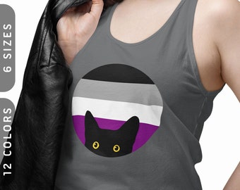 Peeking Cat in Asexual Flag Colors Tank Top | LGBTQ Ace Pride Tank Top | Funny Black Cat Sleeveless Shirt