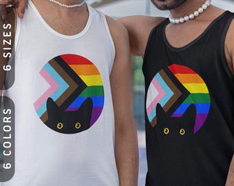 Peeking Cat in Progressive Flag Colors Tank Top | LGBTQ+ Pride Gift