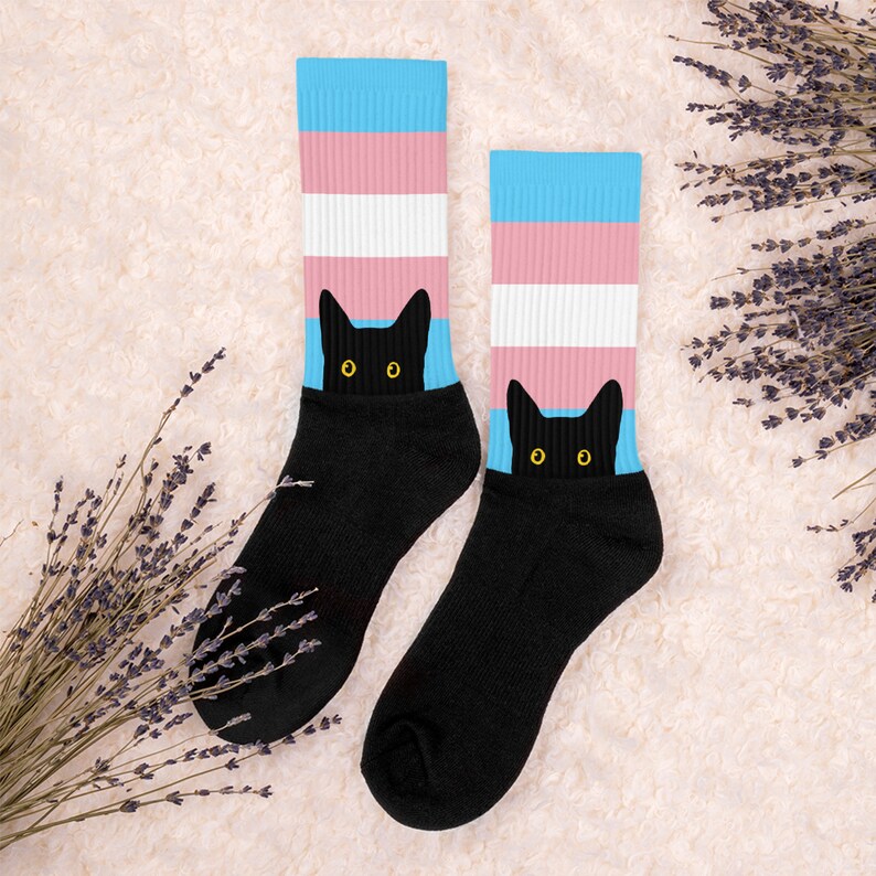 Trans Foot Peeking Cat in Trans Flag Colors | Black Foot Sublimated Socks ...