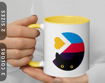 Peeking Cat in Polyamory Flag Colors Mug | Polyamorous Pride Gift