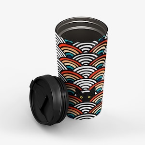 Peeking Cat in Scallop Pattern Travel Mug Stainless Steel Insulated 15oz Tumbler Vintage To Go Cup Black Cat Coffee Thermos image 2