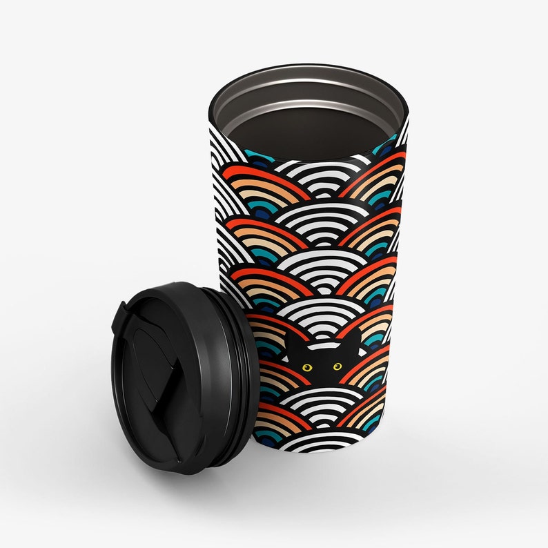 Peeking Cat in Scallop Pattern Travel Mug Stainless Steel Insulated 15oz Tumbler Vintage To Go Cup Black Cat Coffee Thermos image 2