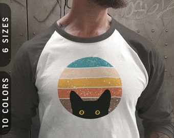 Peeking Cat in Retro Raglan Shirt | Unisex 3/4 Sleeve Raglan Shirt, Raglan Baseball Tee, Cat Shirts For Women Long Sleeve | Black Cat Shirt