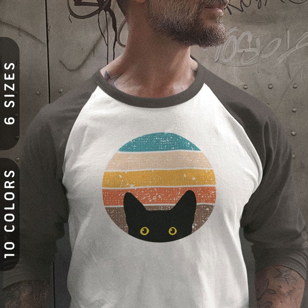 Spähende Katze im Retro Raglan Shirt | Unisex 3/4 Ärmel Raglan-Shirt, Raglan-Baseball-T-Shirt, Katzen-Shirts für Frauen, lange Ärmel | Schwarze Katze Shirt