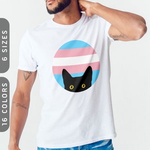 Peeking Cat in Trans Flag Colors T-Shirt | Shirt for Cat Moms & Dads | LGBTQ Transgender Pride Tee | Funny Black Cat Shirt
