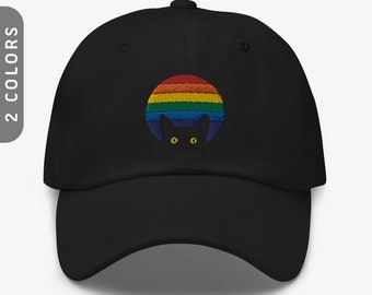 Peeking Cat in Rainbow Dad Hat | Embroidered Gay Pride Cap | Colorful Dad Hat for LGBTQ Supporters | Funny Accessory for Pride Parades