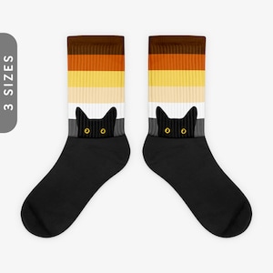 Peeking Cat in Bear Flag Colors | Black Foot Sublimated Socks, Bear Brotherhood Flag Socks, MLM/Gay Bear Pride Gifts | Funny Black Cat Socks