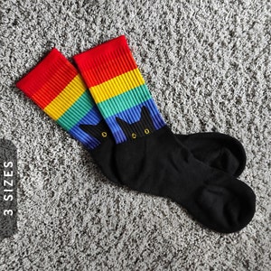 Peeking Cat in Rainbow Socks | Black Foot Sublimated Socks, LGBTQ Socks, Gay Pride Socks, Pride Month Socks | Funny Black Cat Socks