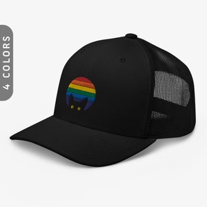 Peeking Cat in Rainbow Trucker Cap | Embroidered Gay Pride Cap | Trucker Hat for LGBTQ Supporters | Funny Accessory for Pride Parades