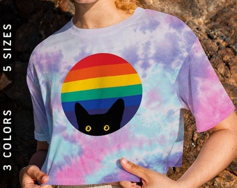 Peeking Cat in Rainbow Tie-Dye Crop Top | Women's Crop Tee, Rainbow Crop Tops For Women | LGBT Shirt Pride Cropped Top, LGBTQ Pride Crop Top
