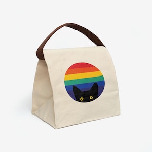 Gato mirando en bolsa de almuerzo arco iris / Bolsa de almuerzo de lona con correa / Bolsa de almuerzo para hombres, mujeres, niños / Orgullo LGBTQ / Divertida lonchera de gato negro