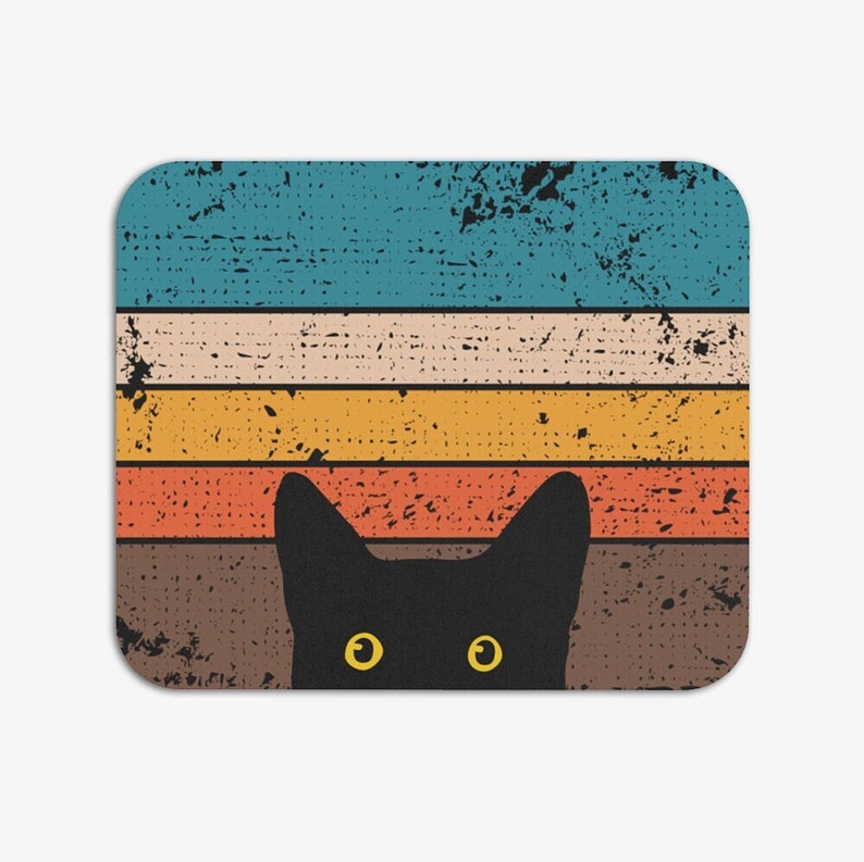 May include: A black cat with yellow eyes peeks over a retro-style striped background. The background has a distressed, vintage look with shades of blue, yellow, orange, and brown.