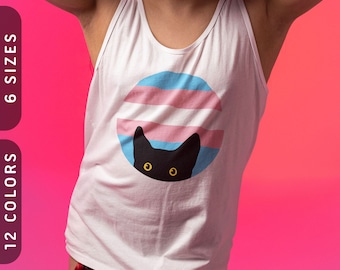 Peeking Cat in Trans Flag Colors Tank Top | LGBTQ Transgender Pride Tank Top | Funny Black Cat Sleeveless Shirt