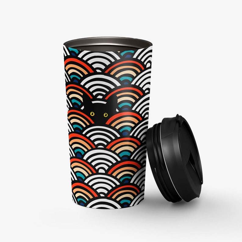 Peeking Cat in Scallop Pattern Travel Mug Stainless Steel Insulated 15oz Tumbler Vintage To Go Cup Black Cat Coffee Thermos image 1