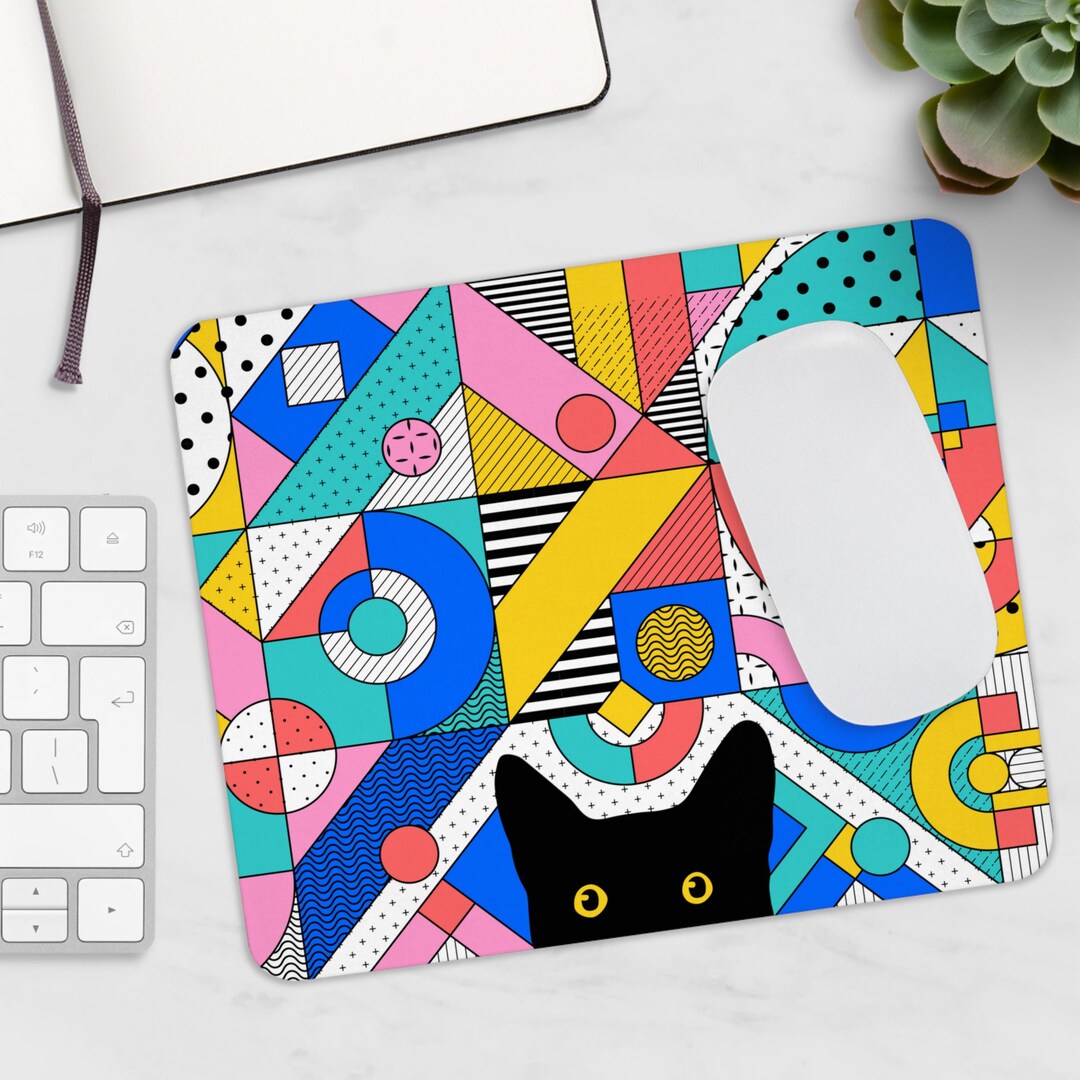 Peeking Cat in Memphis Pattern Mouse Pad Rectangle Mouse Pad, Cat