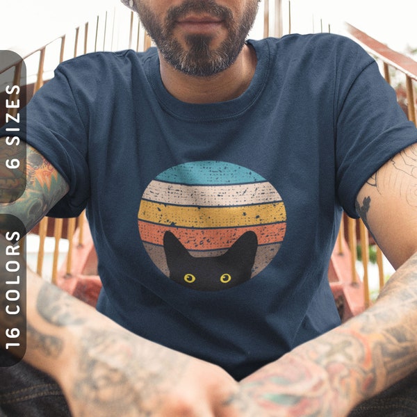 Peeking Cat in Retro T-Shirt | 70s 80s Vintage Cat Mom Tee | Shirt for Cat Dad | Retro Shirt For Women | Funny Black Cat Shirt