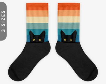 Peeking Cat in Vintage Rainbow Colors | Black Foot Sublimated Socks