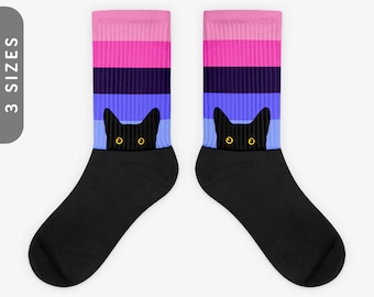 Peeking Cat in Omnisexual Flag Colors | Black Foot Sublimated Socks | Omnisexual Pride Gift
