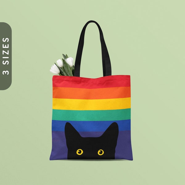 Peeking Cat in Rainbow Tote Bag | All Over Print Tote Bag | Cat Shoulder Bag | Pride Shopping Bag | LGBTQ Tote Bag | Funny Black Cat Tote