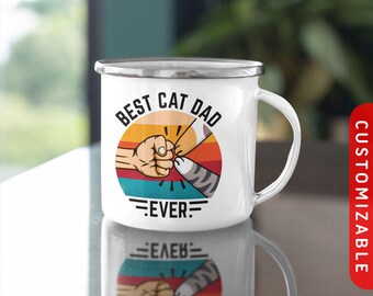 Best Cat Dad Ever Enamel Mug | Personalized Best Cat Dad Mug | Fist Bump with Custom Cat Paw | Cat Coffee Cup | Customizable Gift For Him