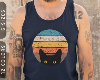 Gato mirando en camiseta retro sin mangas / Unisex TriBlend Cat Dad Tank Top / Cat Mom Tank Top / Cat Merch / Cats Retro Shirt / Black Cat Shirt