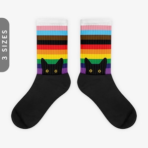 Peeking Cat in Progressive Flag Colors | Black Foot Sublimated Socks, Progress Pride Flag Socks, LGBTQI Rainbow Gift | Funny Black Cat Socks