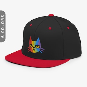 Grumpy Cat in Rainbow Snapback Hat | Gay Pride Hat, LGBTQ Pride Hat for Men and Women | Cat Dad & Cat Mom Baseball Cap | Embroidered Cat Hat