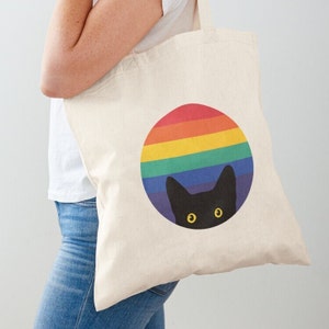 Peeking Cat in Rainbow Tote Bag | Canvas Tote Bag | Lightweight Tote | Cotton Shoulder Bag | Canvas Shopping Bag | Funny Black Cat Tote Bag