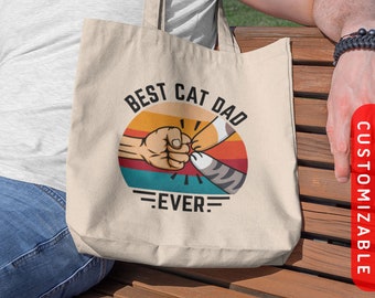 Best Cat Dad Ever Tote Bag | Lightweight Canvas Tote Bag | Fist Bump with Custom Cat Paw | Grocery Shopping Bag | Personalized Cat Tote Bag